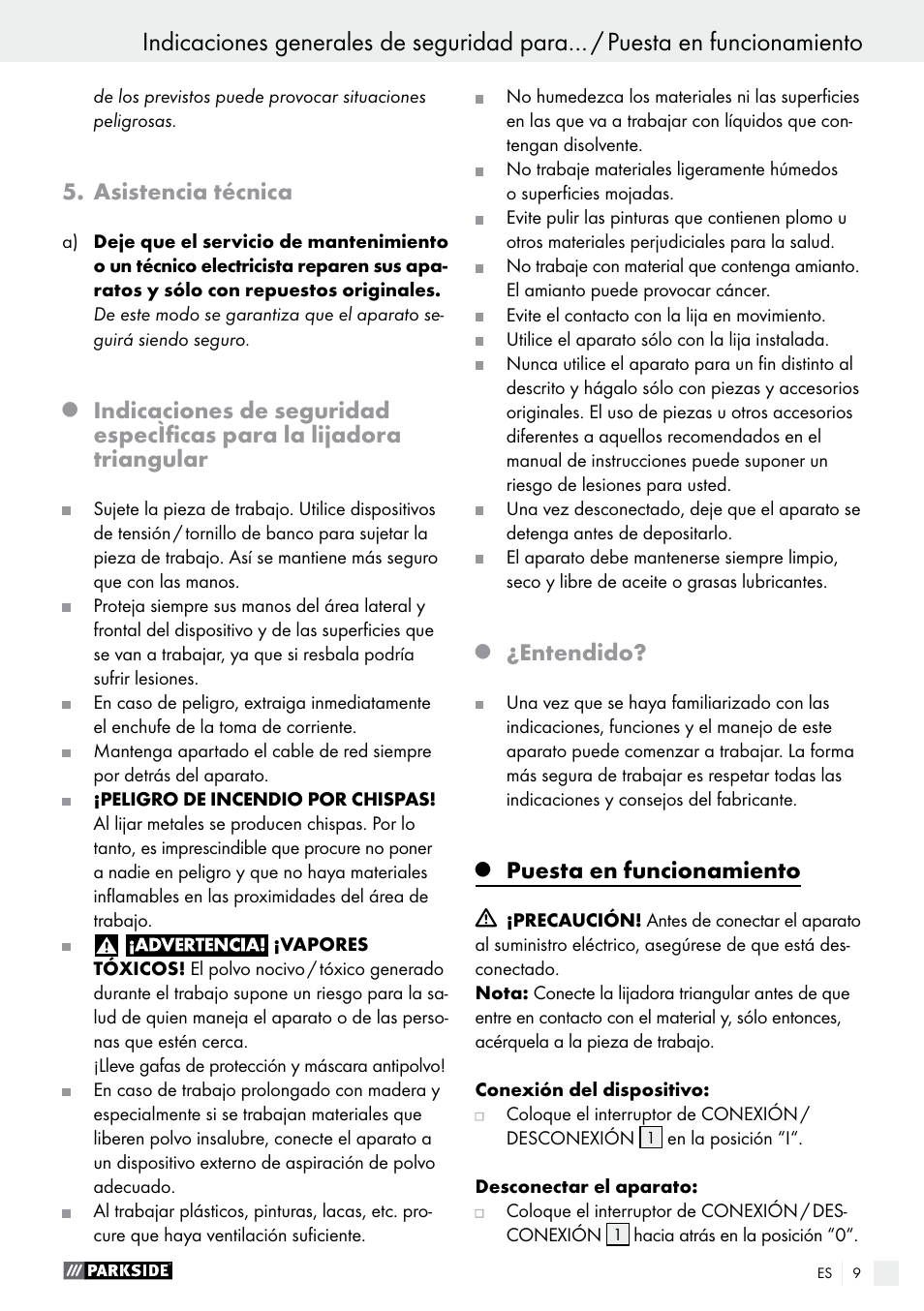 Asistencia técnica, Entendido, Puesta en funcionamiento | Parkside PDS 290 A1 User Manual | Page 9 / 47