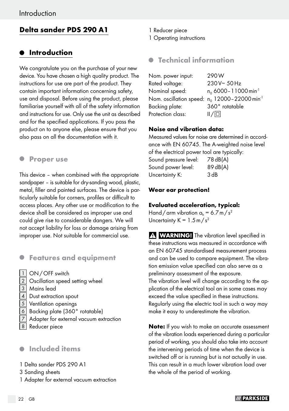 Introduction general power tool safety warnings, Delta sander pds 290 a1, Introduction | Proper use, Features and equipment, Included items, Technical information | Parkside PDS 290 A1 User Manual | Page 22 / 29