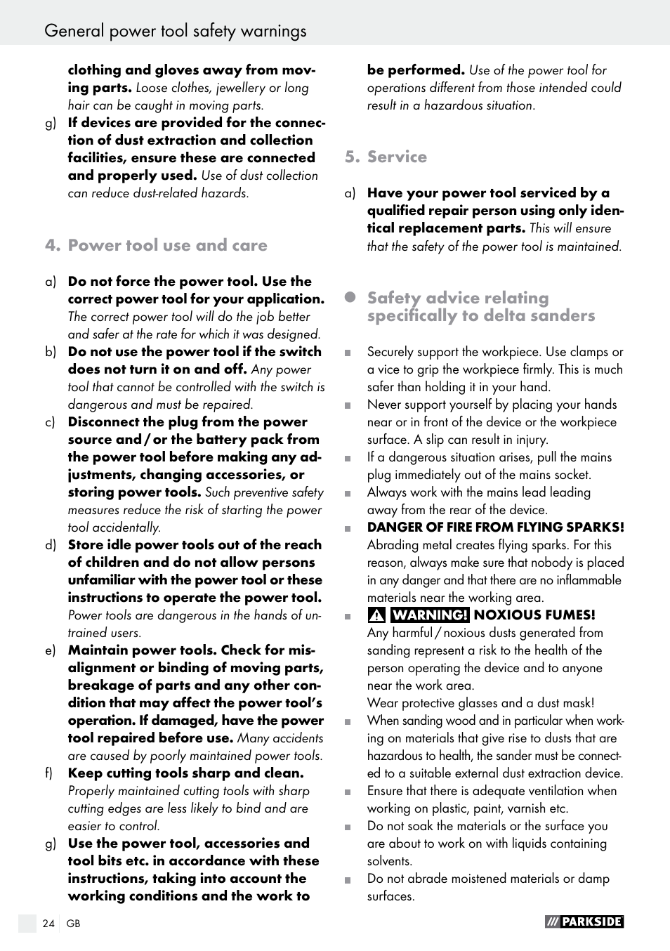 Power tool use and care, Service | Parkside PDS 290 A1 User Manual | Page 24 / 29