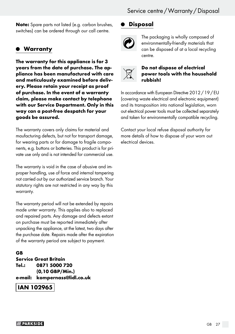 Warranty, Disposal | Parkside PDS 290 A1 User Manual | Page 27 / 29