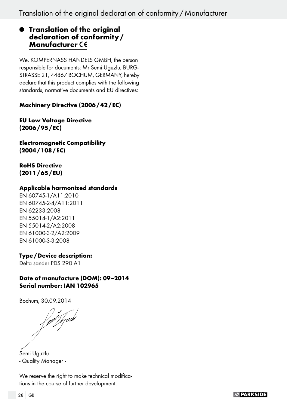 Parkside PDS 290 A1 User Manual | Page 28 / 29