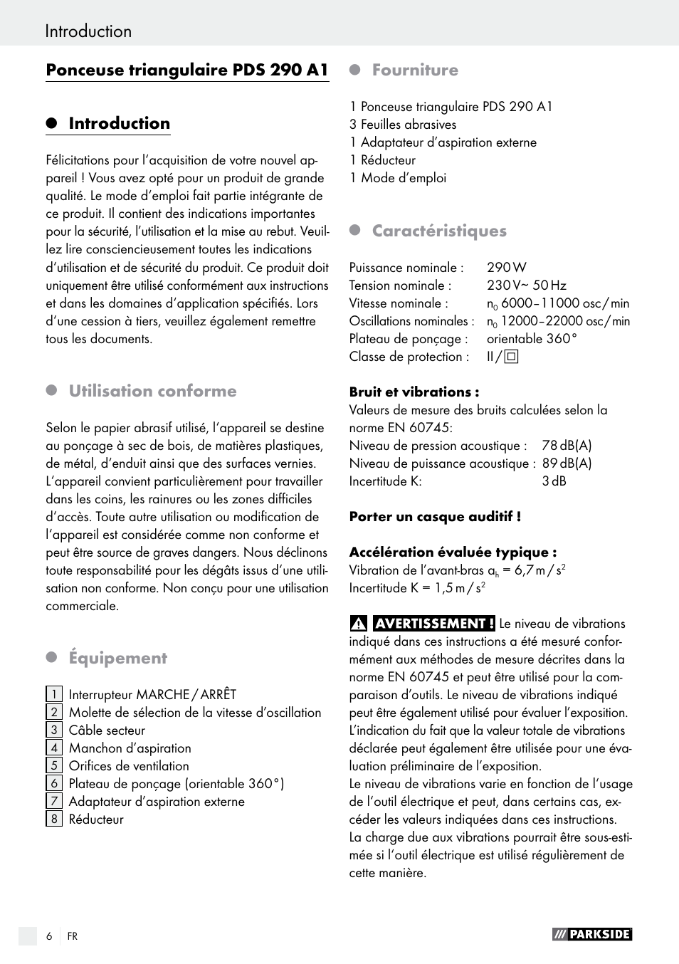 Ponceuse triangulaire pds 290 a1, Introduction, Utilisation conforme | Équipement, Fourniture, Caractéristiques | Parkside PDS 290 A1 User Manual | Page 6 / 29