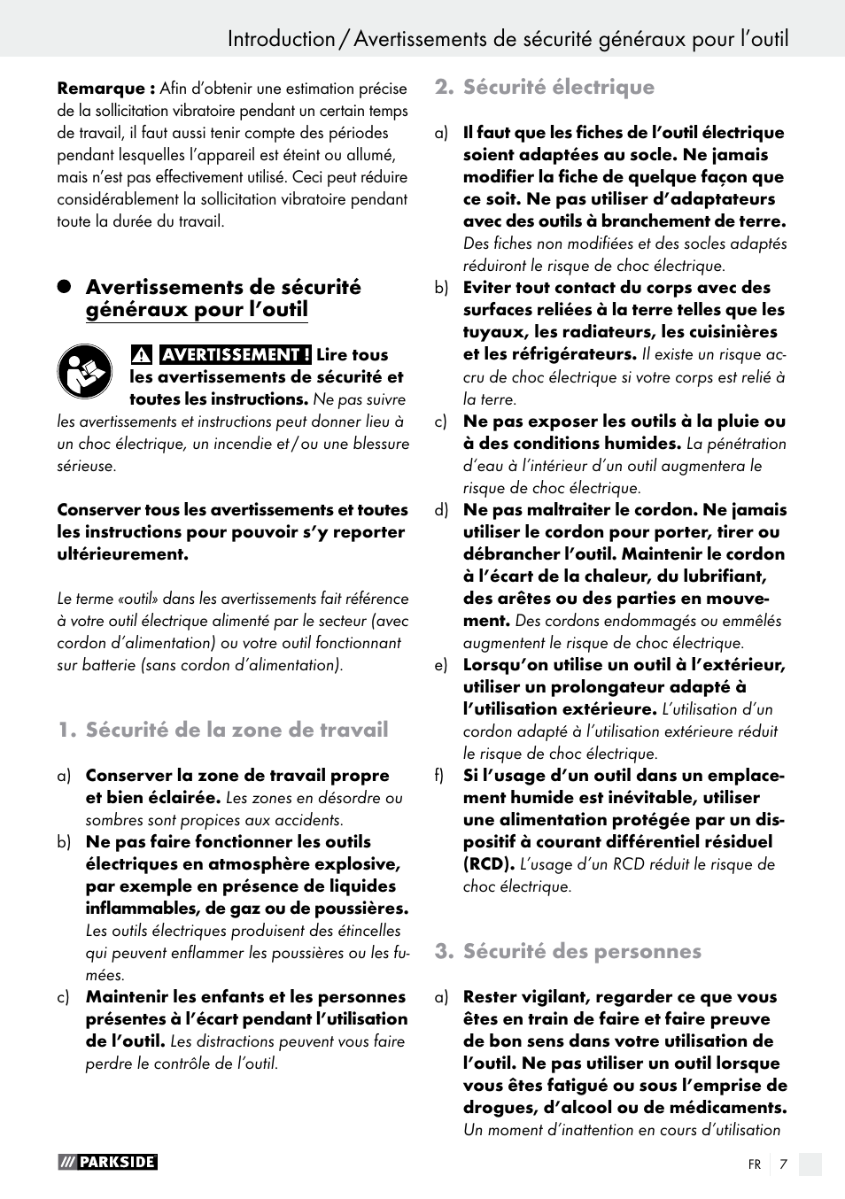 Avertissements de sécurité généraux pour l’outil, Sécurité de la zone de travail, Sécurité électrique | Sécurité des personnes | Parkside PDS 290 A1 User Manual | Page 7 / 29