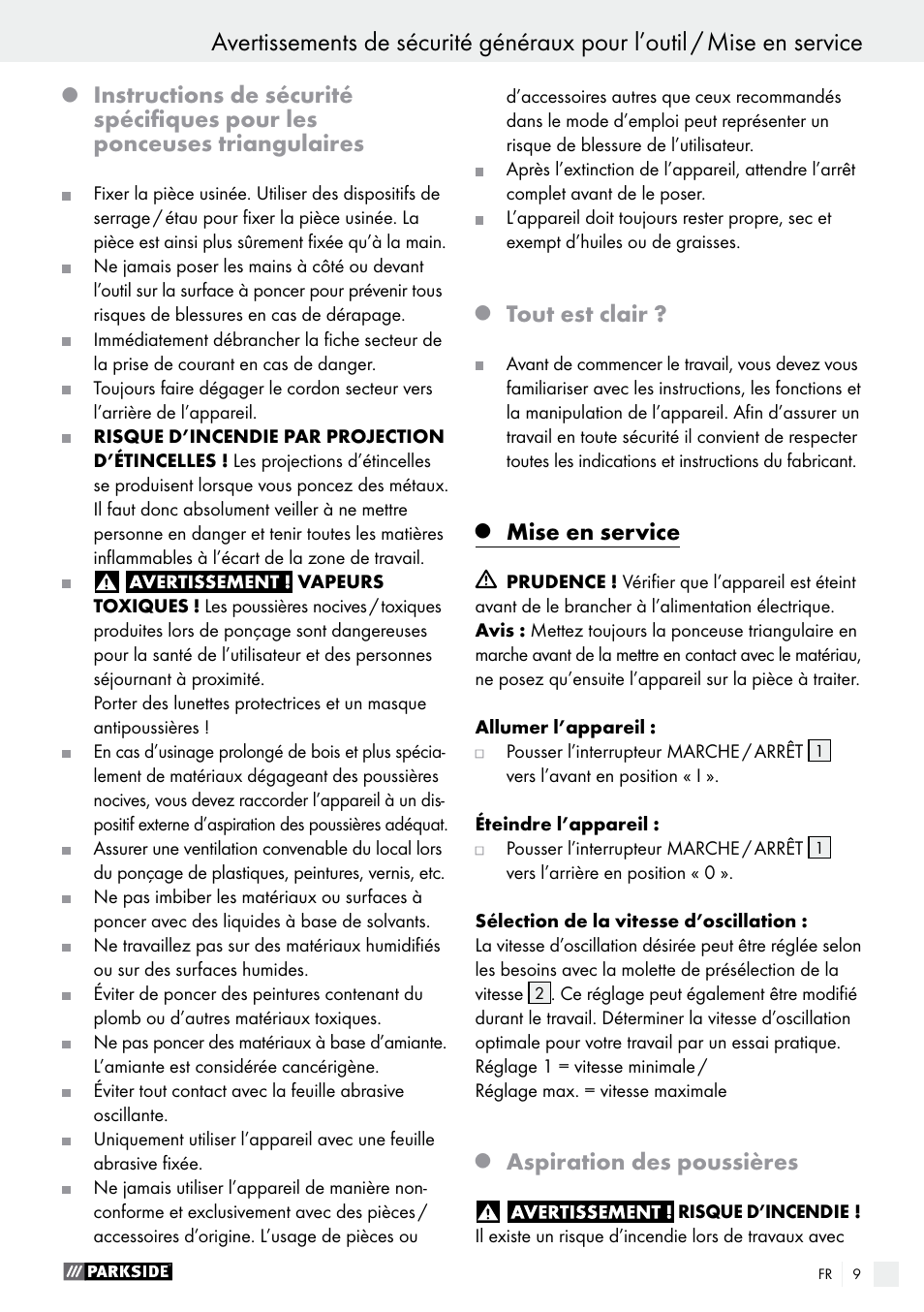 Tout est clair, Mise en service, Aspiration des poussières | Parkside PDS 290 A1 User Manual | Page 9 / 29