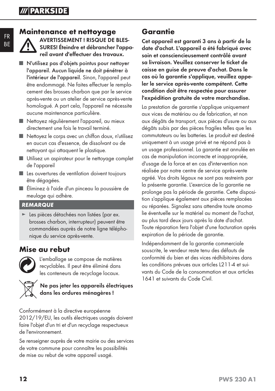 Maintenance et nettoyage, Mise au rebut, Garantie | Parkside PWS 230 A1 User Manual | Page 16 / 45