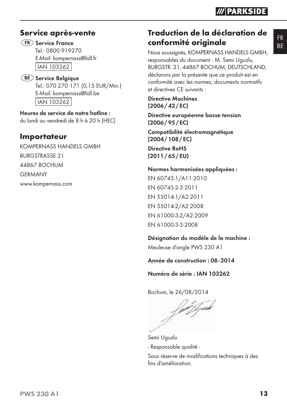 Service après-vente, Importateur | Parkside PWS 230 A1 User Manual | Page 17 / 45