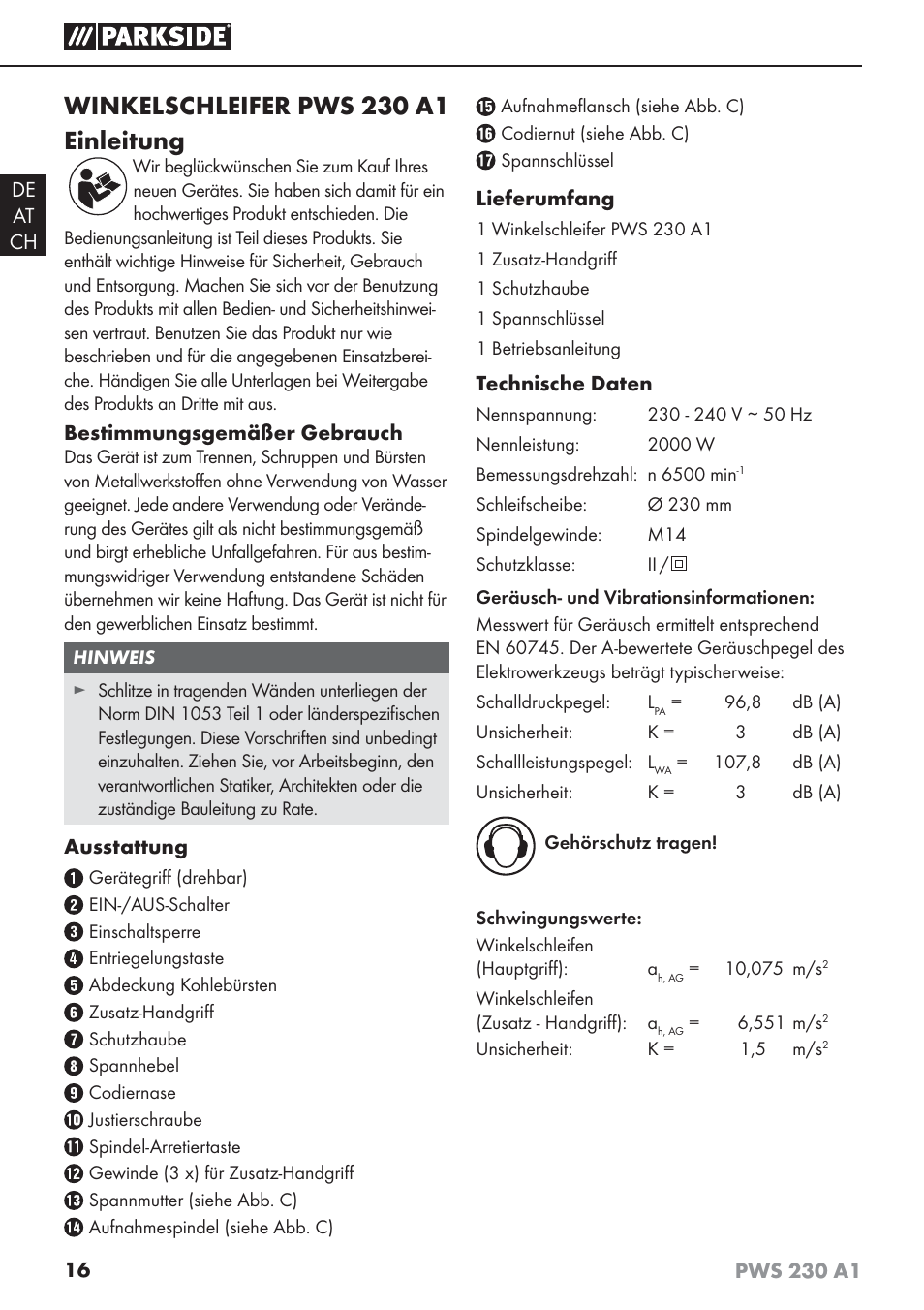 Winkelschleifer pws 230 a1 einleitung | Parkside PWS 230 A1 User Manual | Page 20 / 45