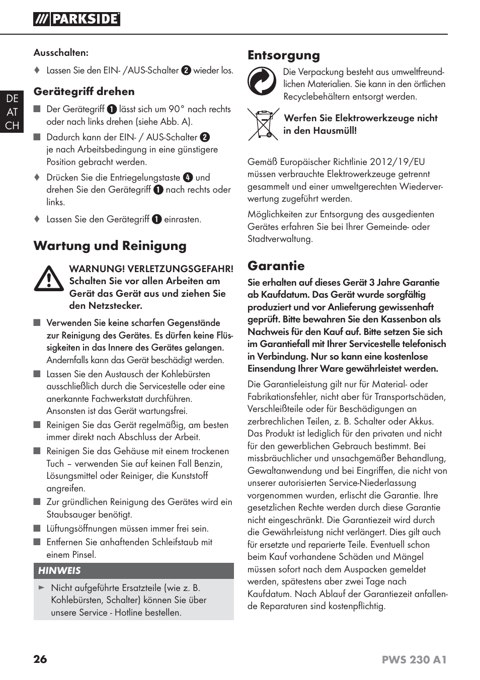 Wartung und reinigung, Entsorgung, Garantie | Parkside PWS 230 A1 User Manual | Page 30 / 45