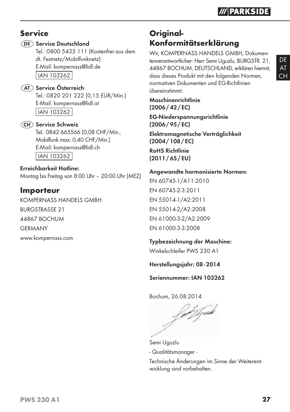 Service, Importeur, Original- konformitätserklärung | Parkside PWS 230 A1 User Manual | Page 31 / 45