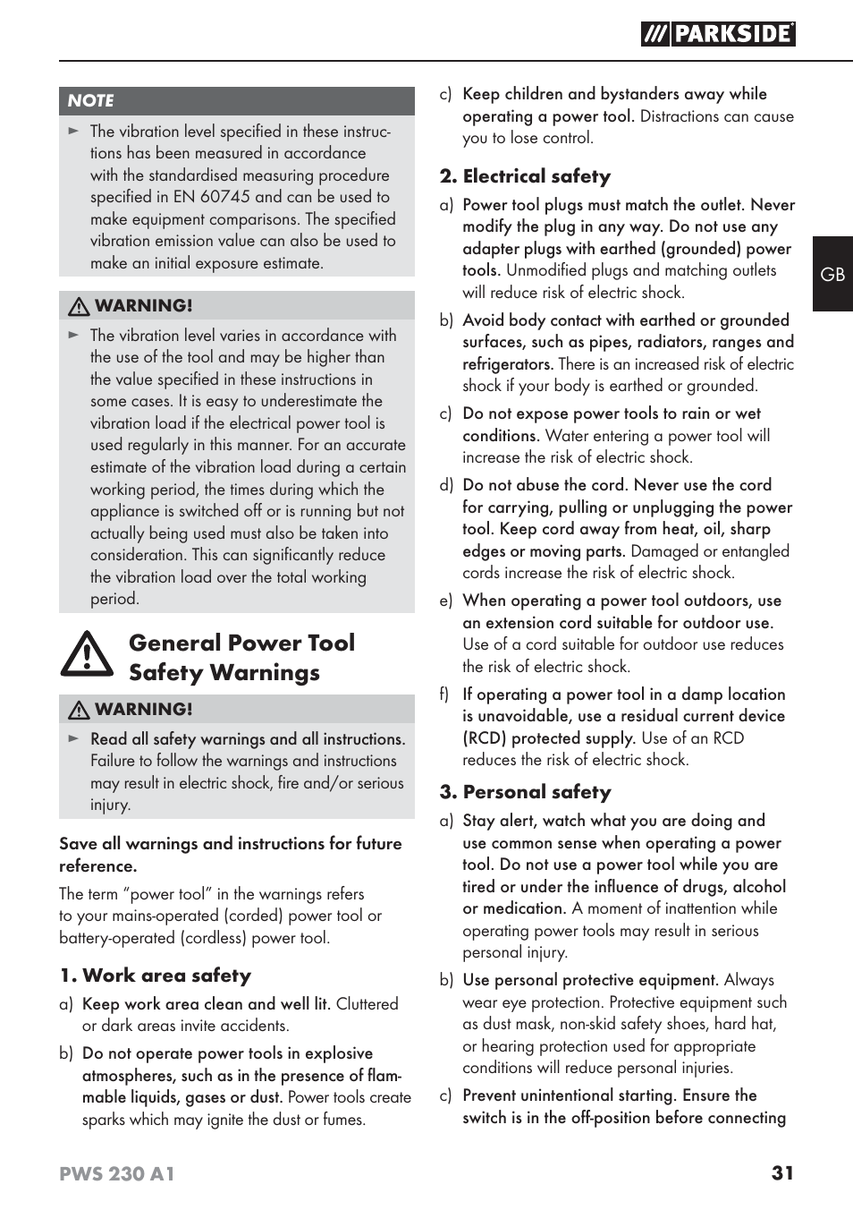General power tool safety warnings | Parkside PWS 230 A1 User Manual | Page 35 / 45