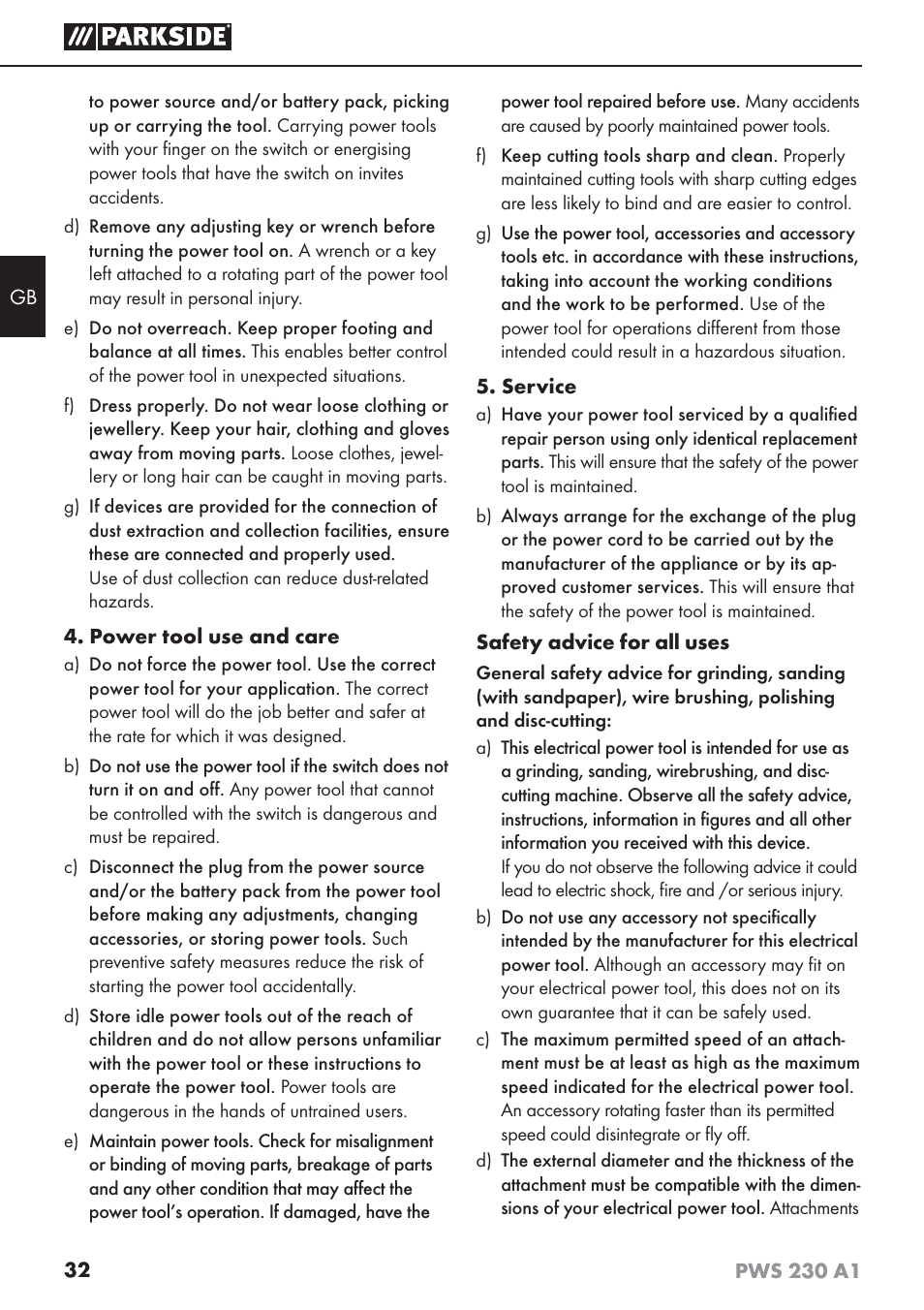 Parkside PWS 230 A1 User Manual | Page 36 / 45