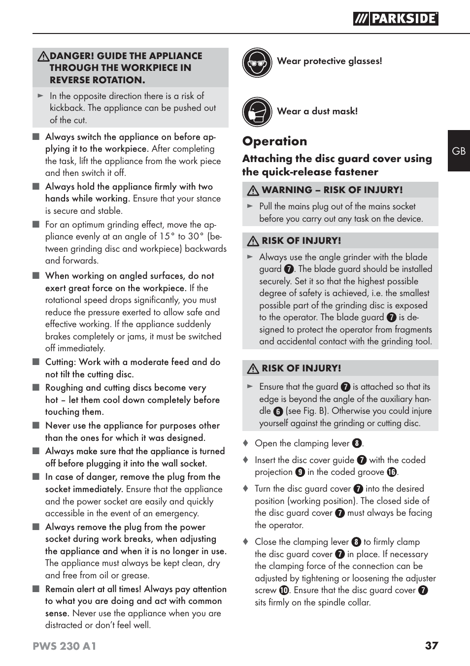Operation | Parkside PWS 230 A1 User Manual | Page 41 / 45