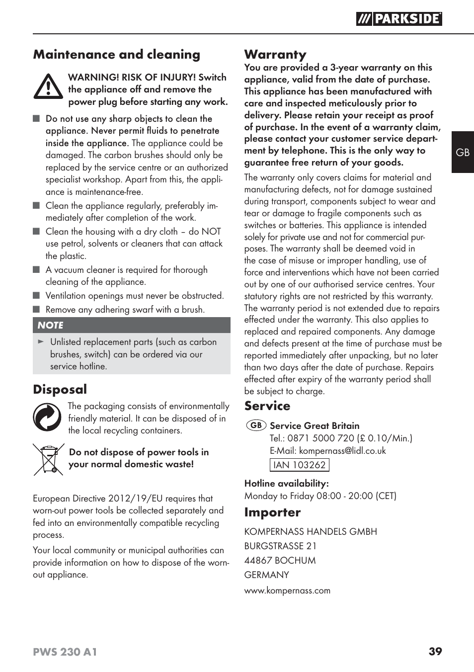 Maintenance and cleaning, Disposal, Warranty | Service, Importer | Parkside PWS 230 A1 User Manual | Page 43 / 45