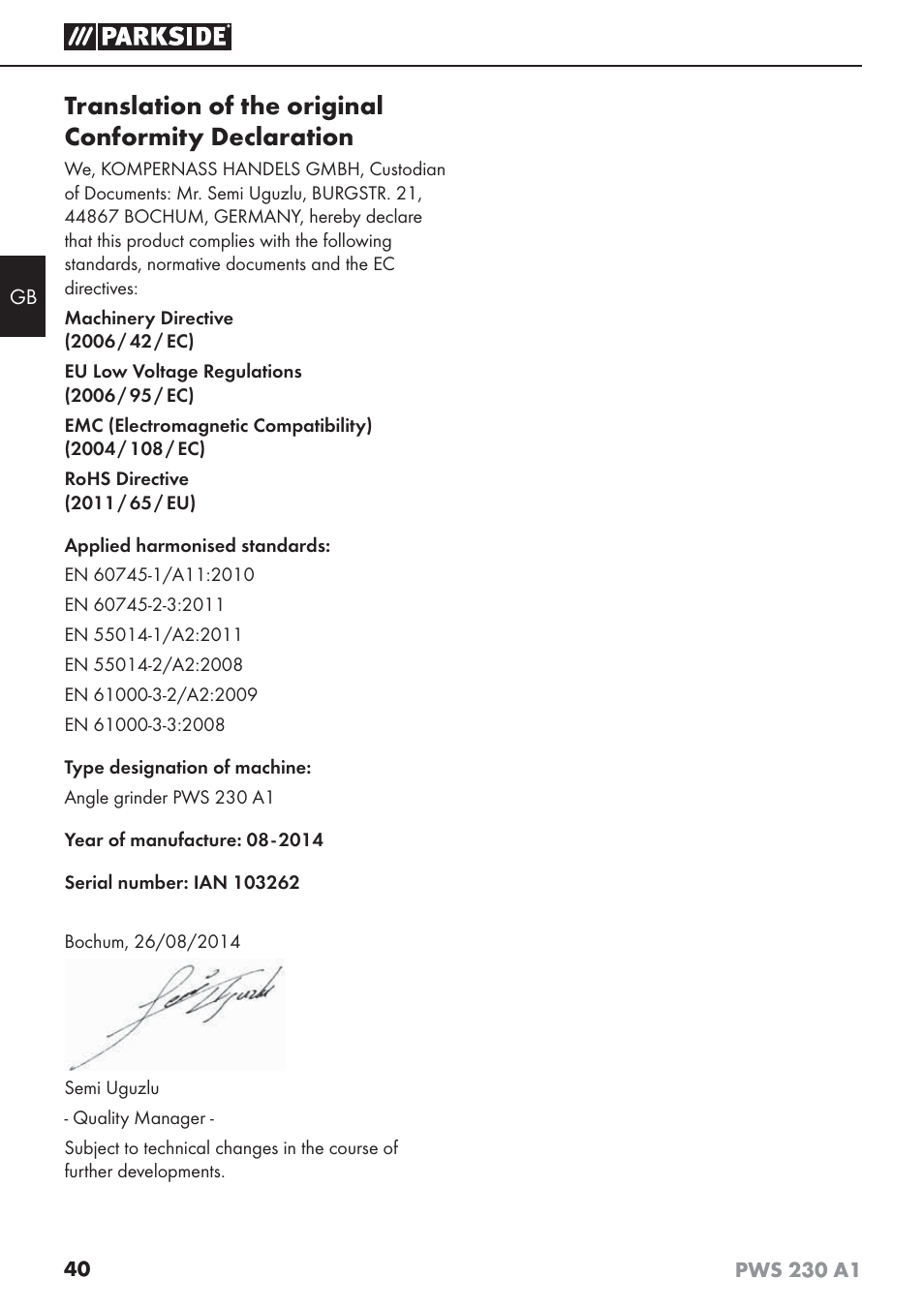 Translation of the original conformity declaration | Parkside PWS 230 A1 User Manual | Page 44 / 45