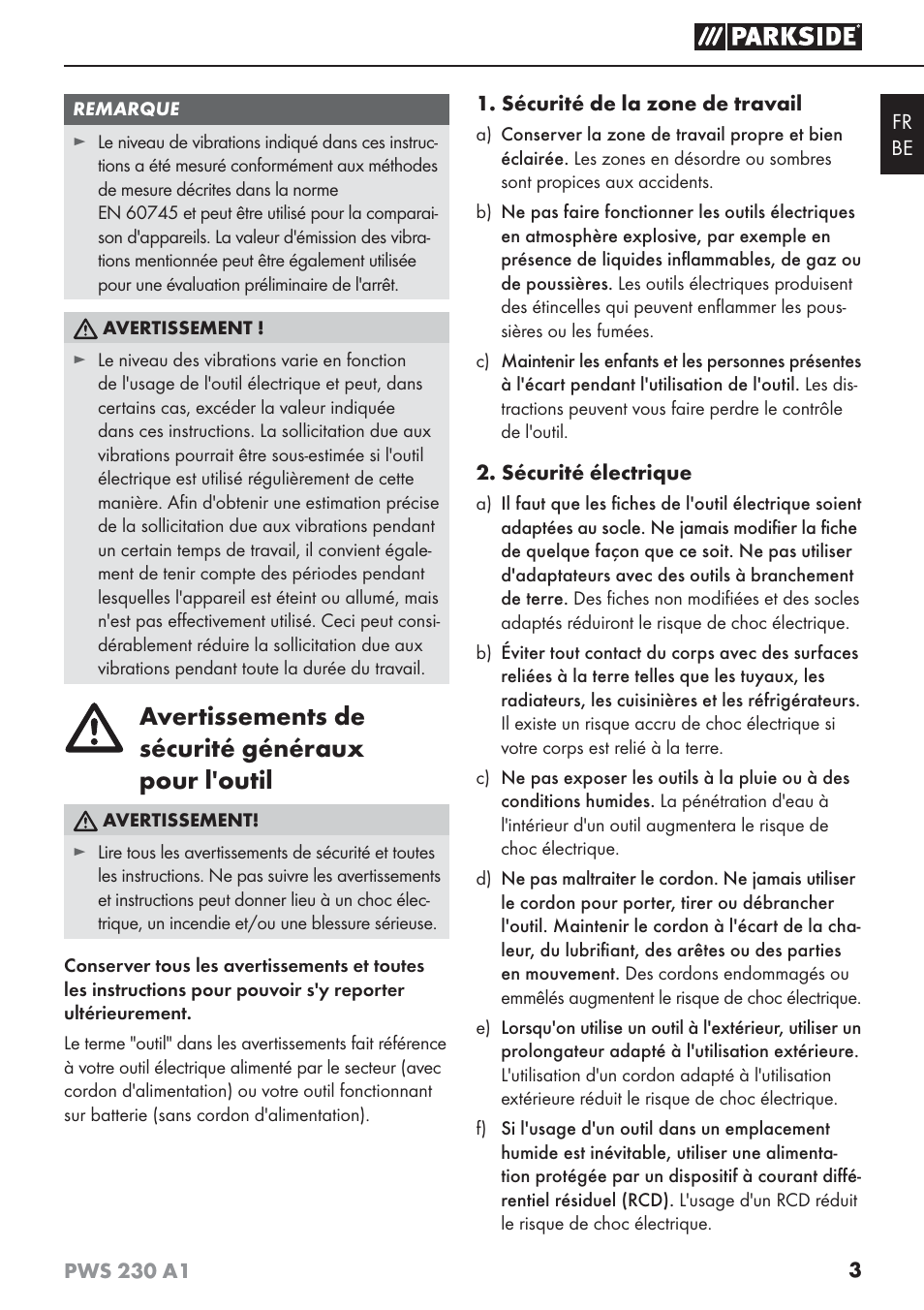 Avertissements de sécurité généraux pour l'outil | Parkside PWS 230 A1 User Manual | Page 7 / 45