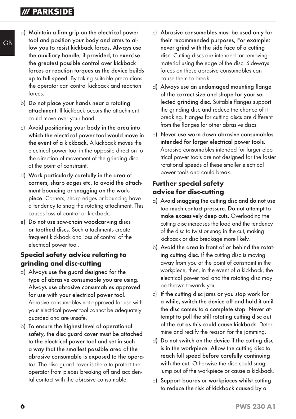 Parkside PWS 230 A1 User Manual | Page 10 / 101