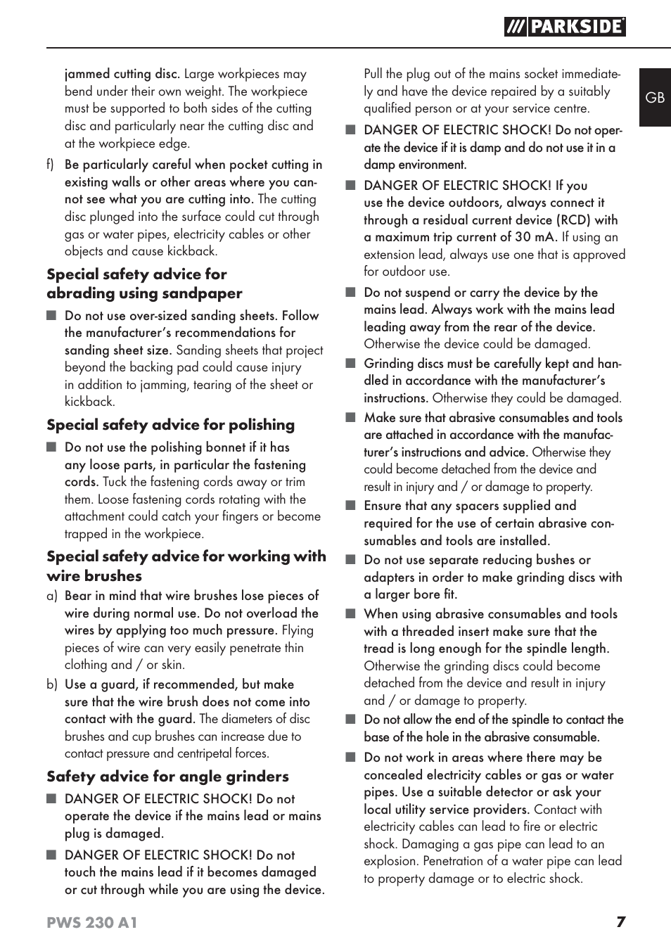 Parkside PWS 230 A1 User Manual | Page 11 / 101