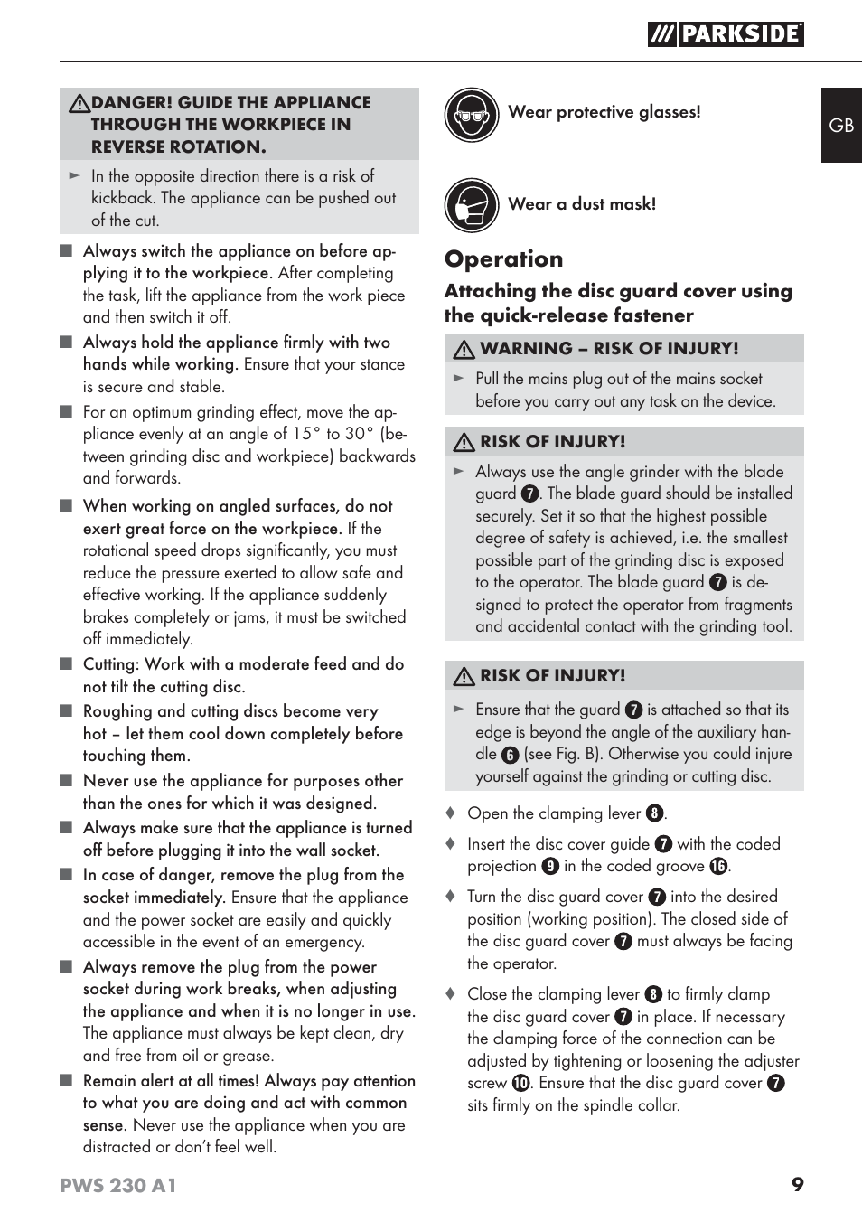 Operation | Parkside PWS 230 A1 User Manual | Page 13 / 101