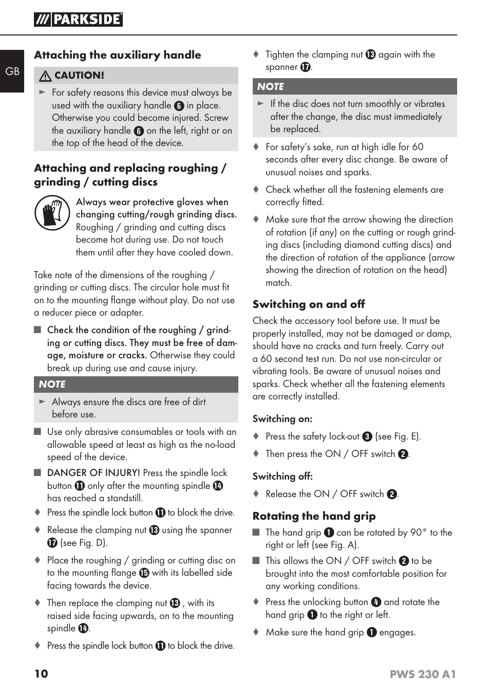 Parkside PWS 230 A1 User Manual | Page 14 / 101