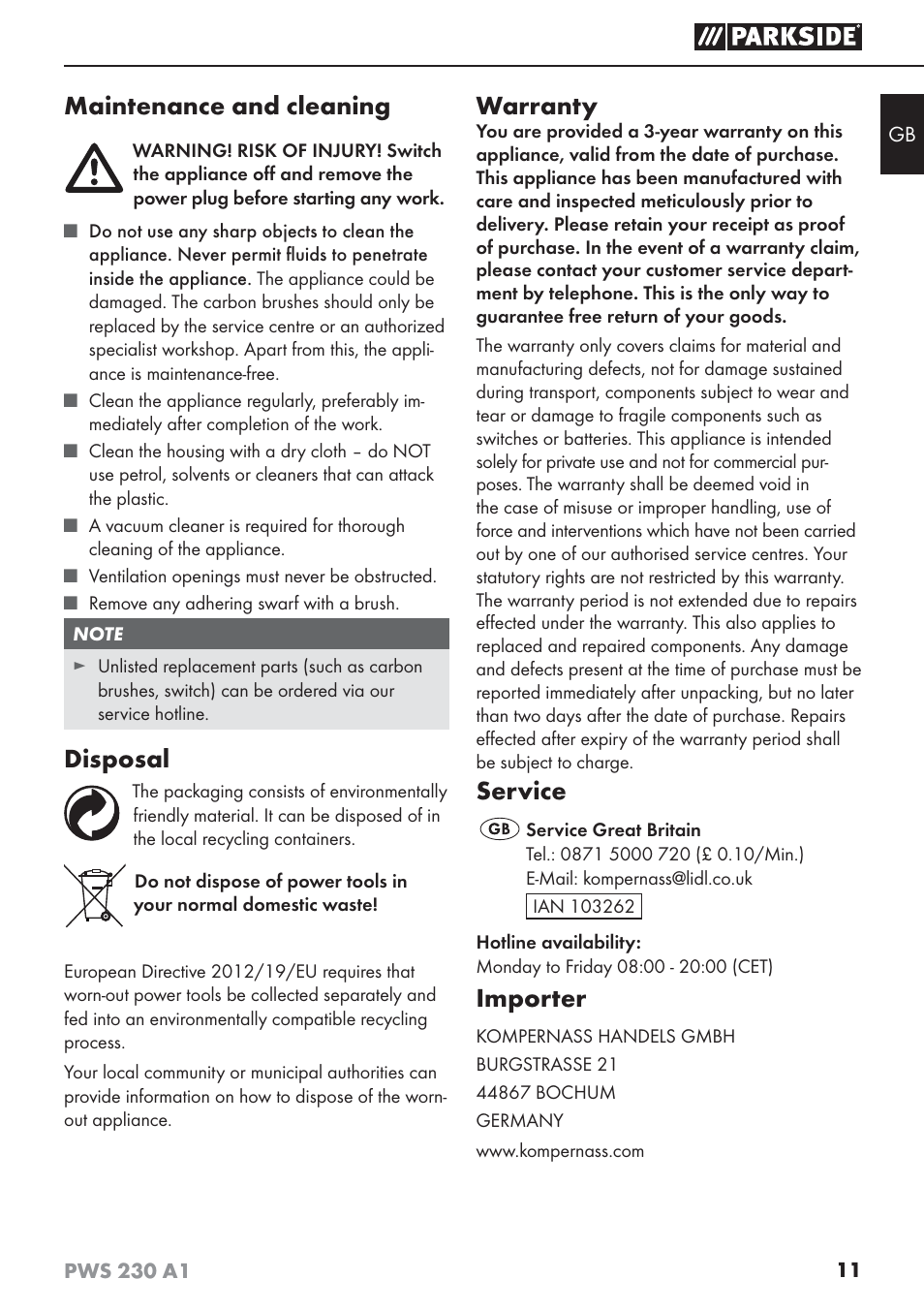 Maintenance and cleaning, Disposal, Warranty | Service, Importer | Parkside PWS 230 A1 User Manual | Page 15 / 101