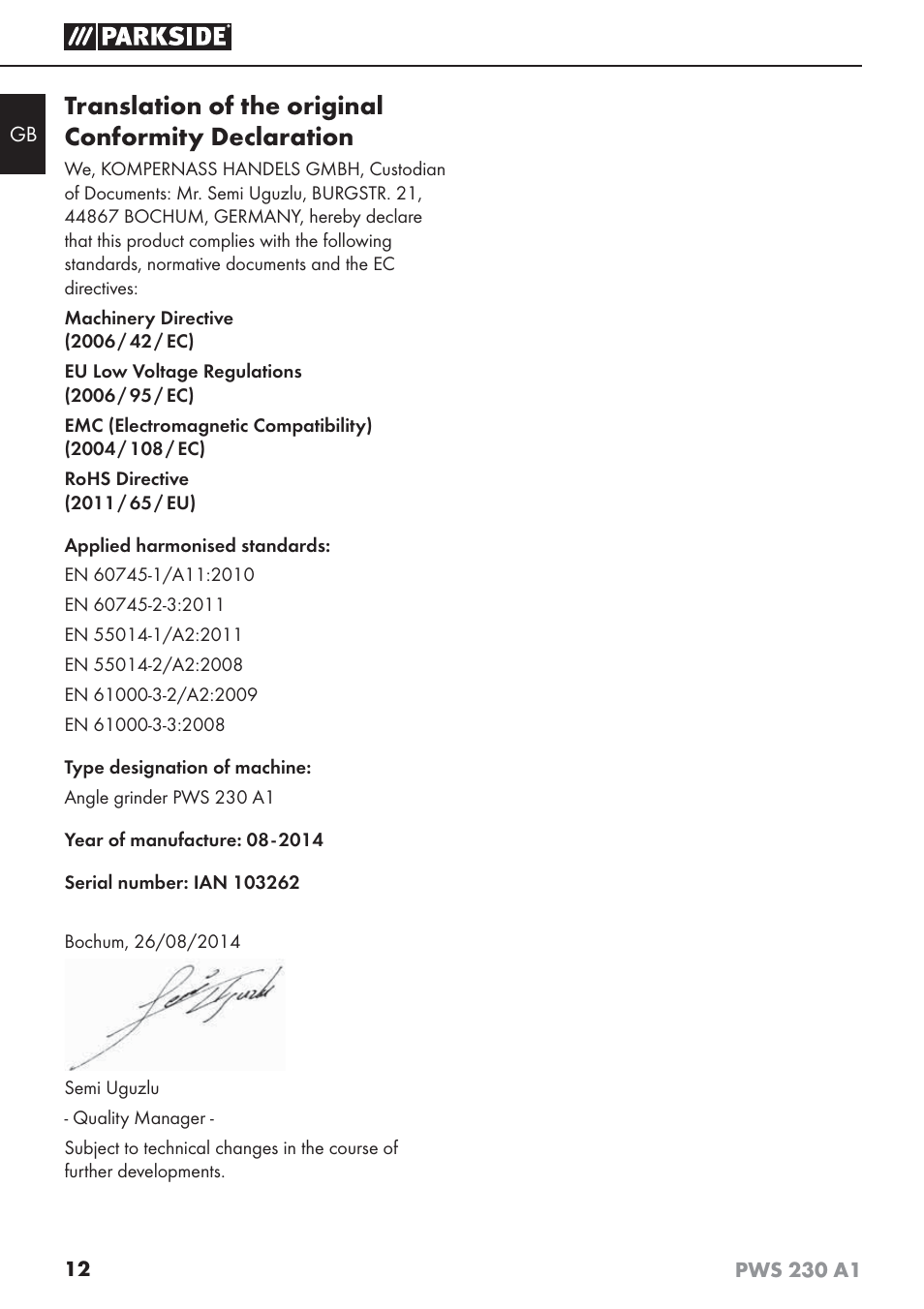 Translation of the original conformity declaration | Parkside PWS 230 A1 User Manual | Page 16 / 101