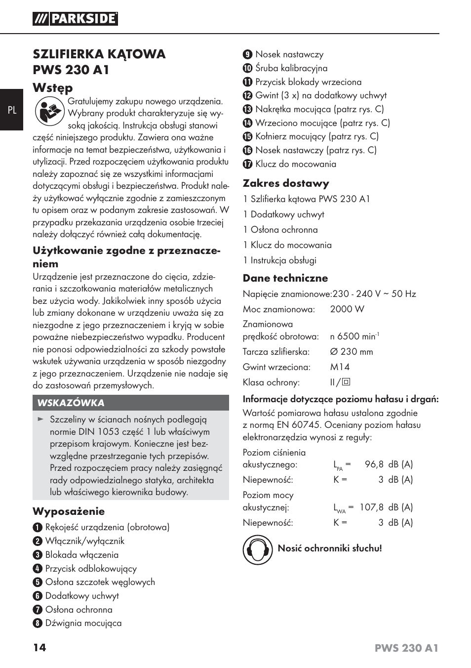 Szlifierka kątowa pws 230 a1 wstęp | Parkside PWS 230 A1 User Manual | Page 18 / 101