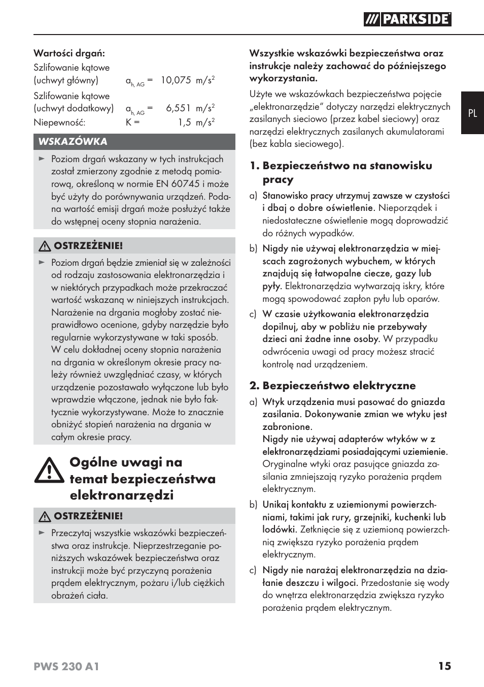 Parkside PWS 230 A1 User Manual | Page 19 / 101