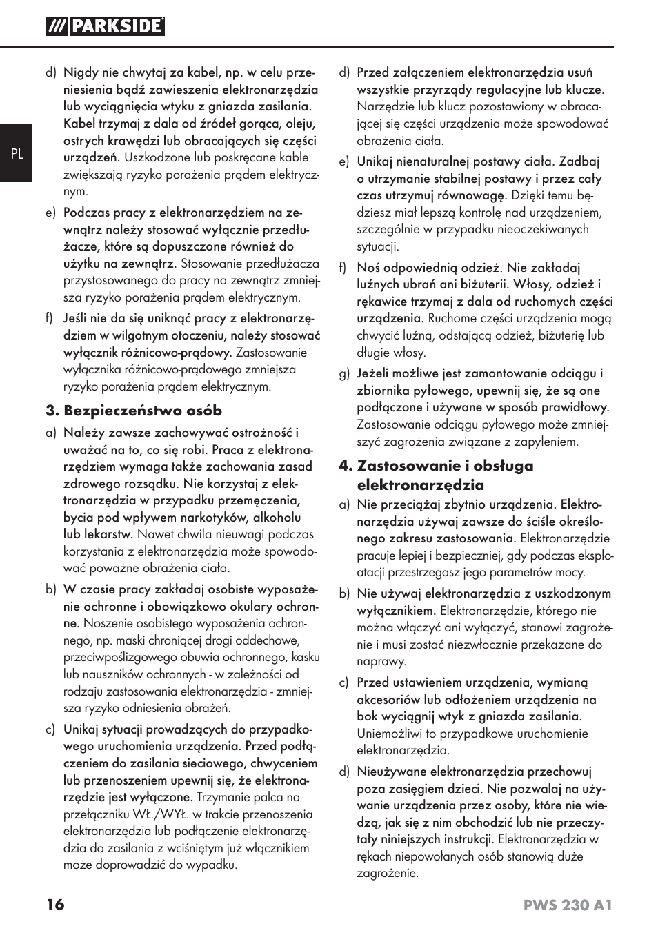 Parkside PWS 230 A1 User Manual | Page 20 / 101
