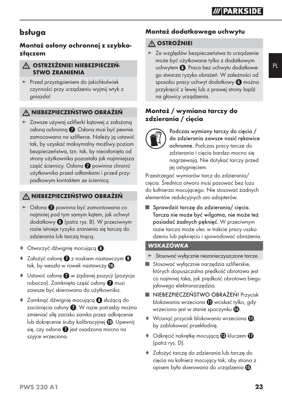 Bsługa | Parkside PWS 230 A1 User Manual | Page 27 / 101