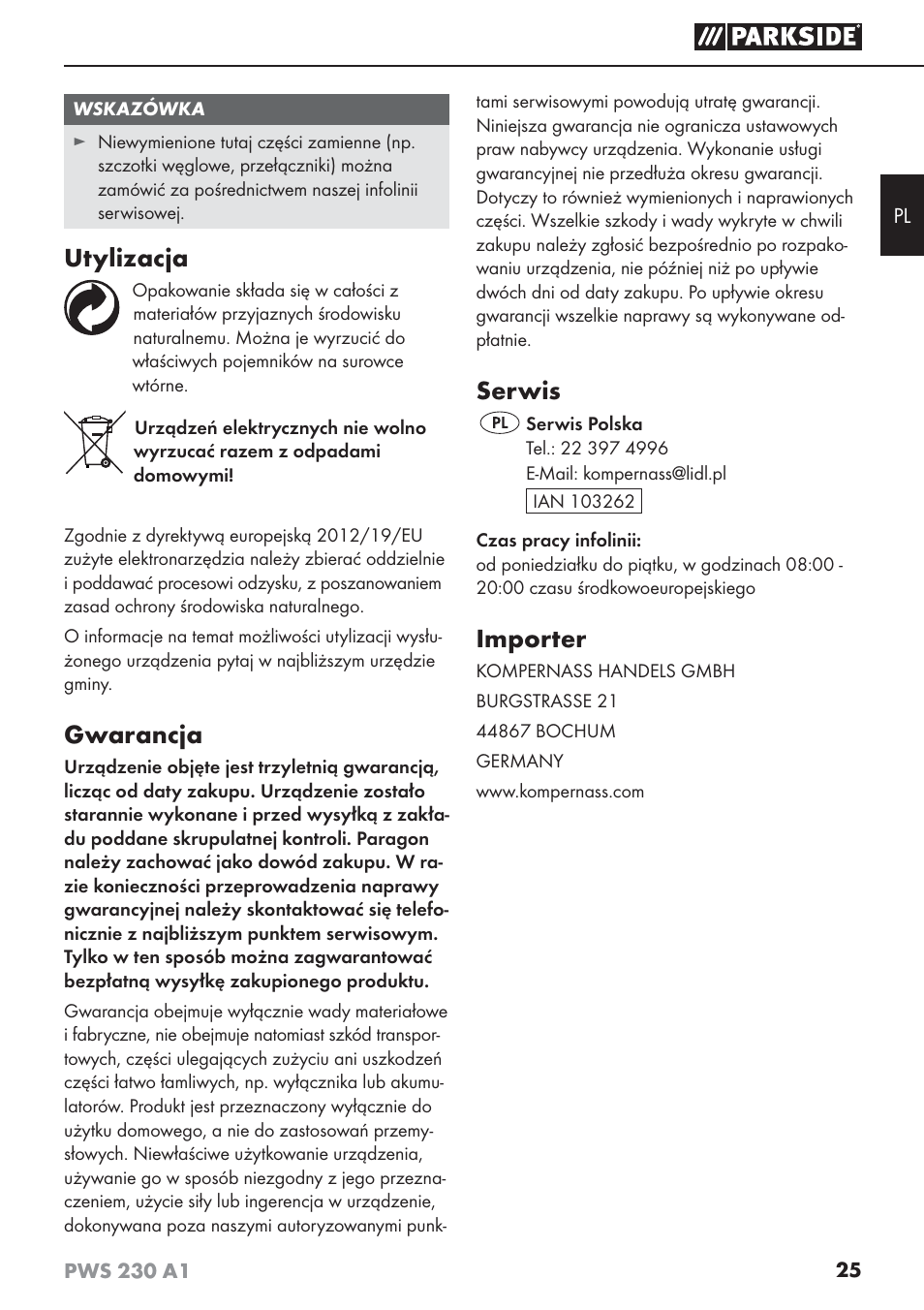 Utylizacja, Gwarancja, Serwis | Importer | Parkside PWS 230 A1 User Manual | Page 29 / 101