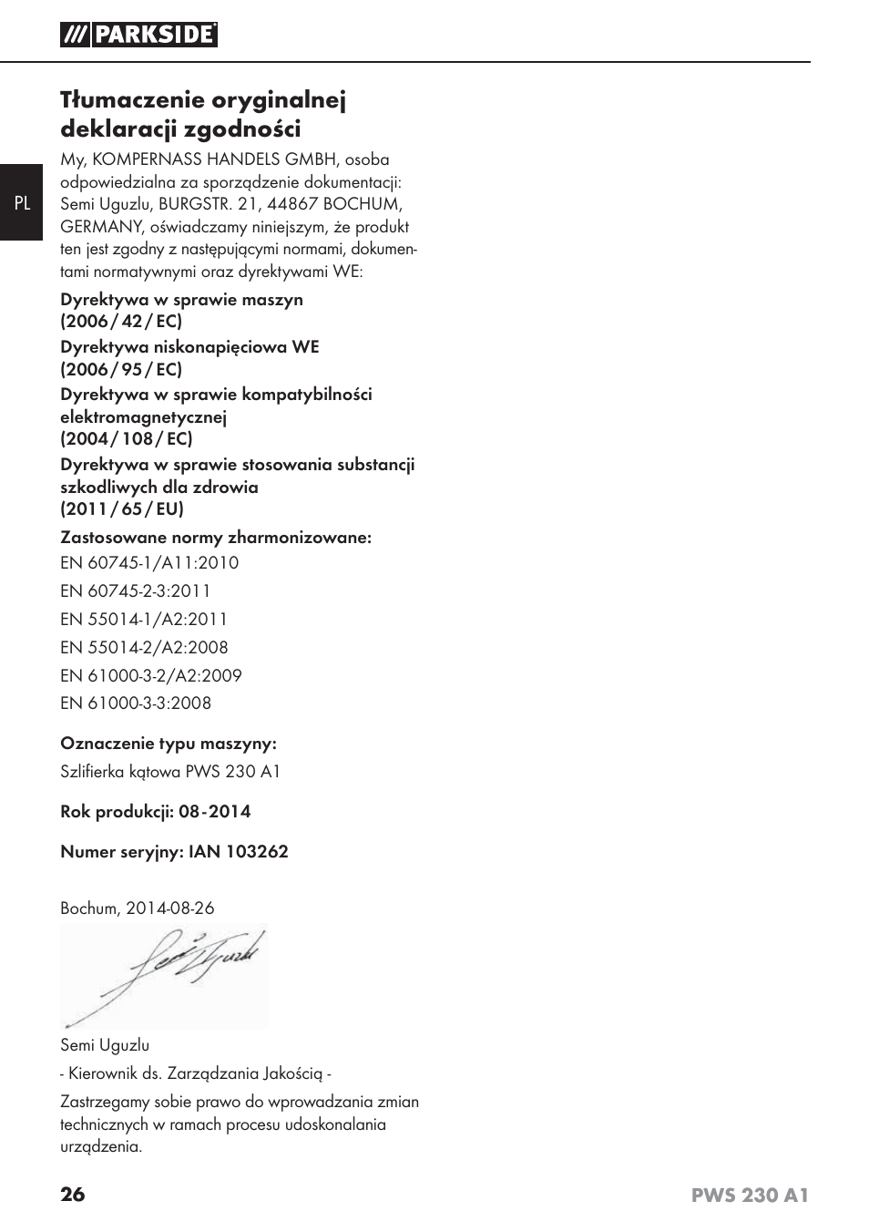 Tłumaczenie oryginalnej deklaracji zgodności | Parkside PWS 230 A1 User Manual | Page 30 / 101