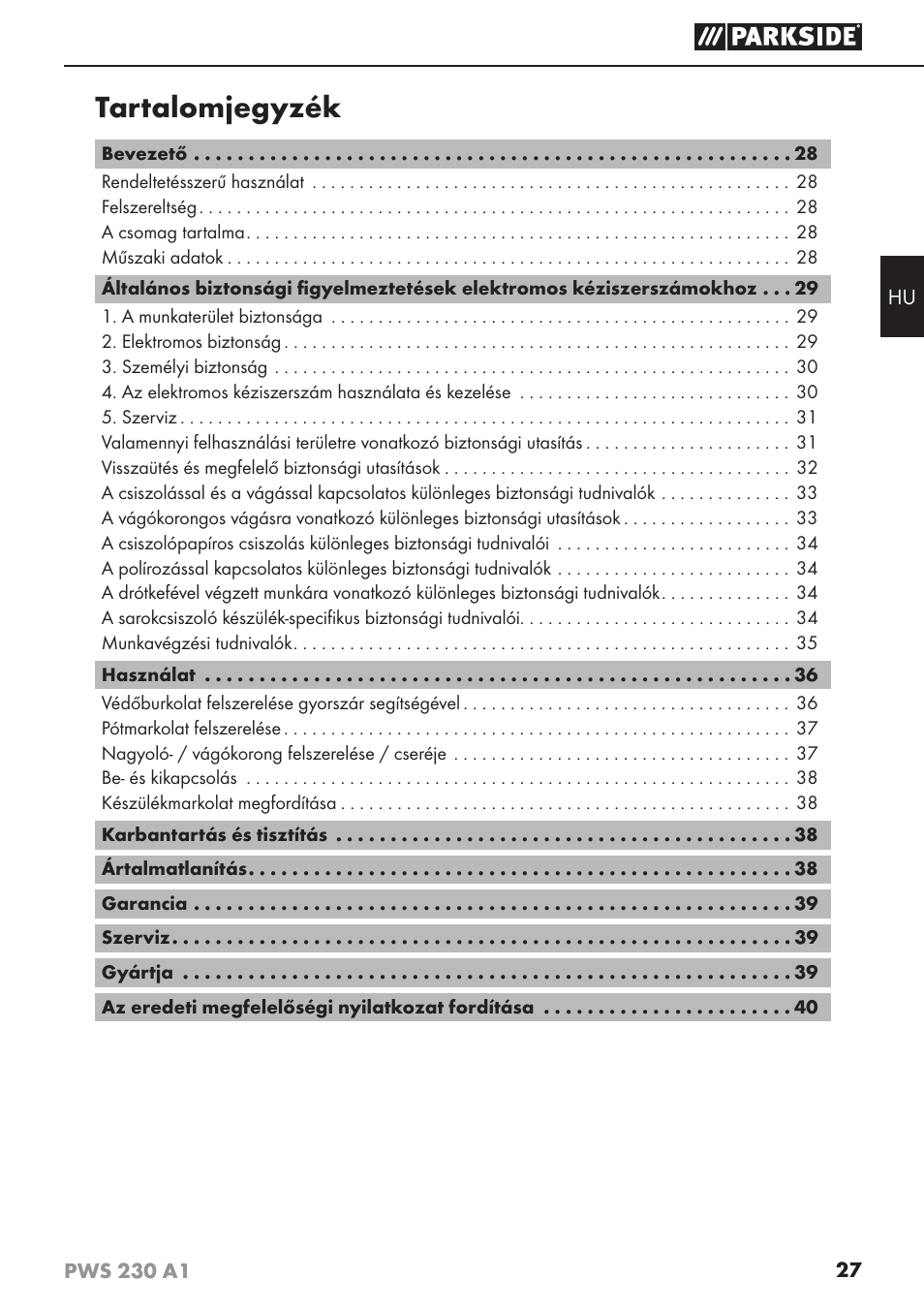 Tartalomjegyzék | Parkside PWS 230 A1 User Manual | Page 31 / 101