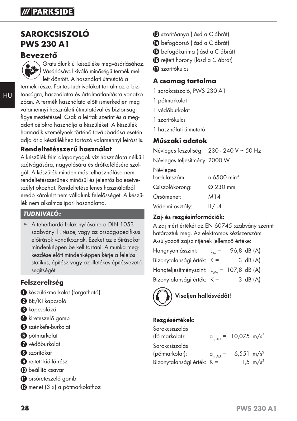 Sarokcsiszoló pws 230 a1 bevezető | Parkside PWS 230 A1 User Manual | Page 32 / 101