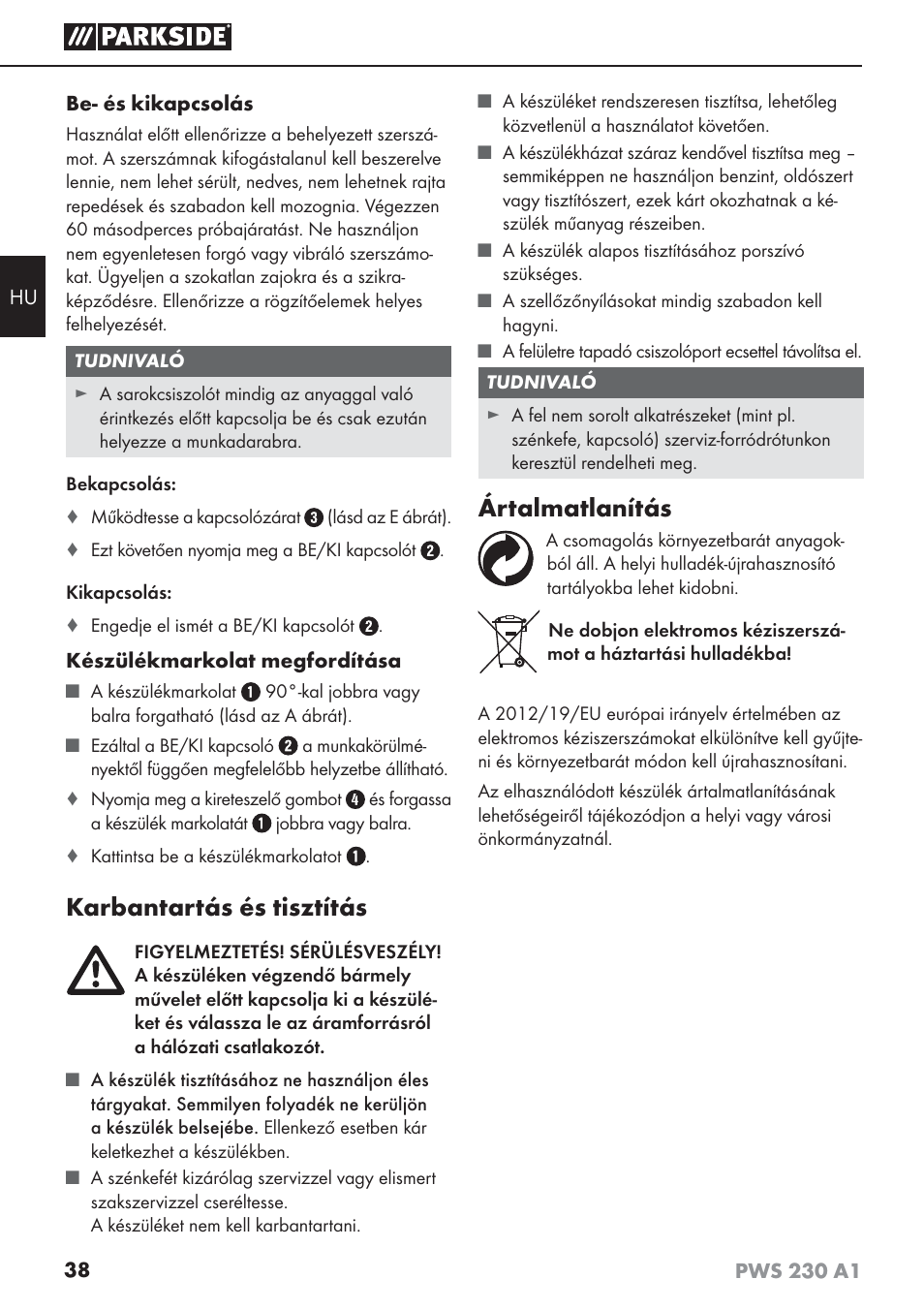 Karbantartás és tisztítás, Ártalmatlanítás | Parkside PWS 230 A1 User Manual | Page 42 / 101