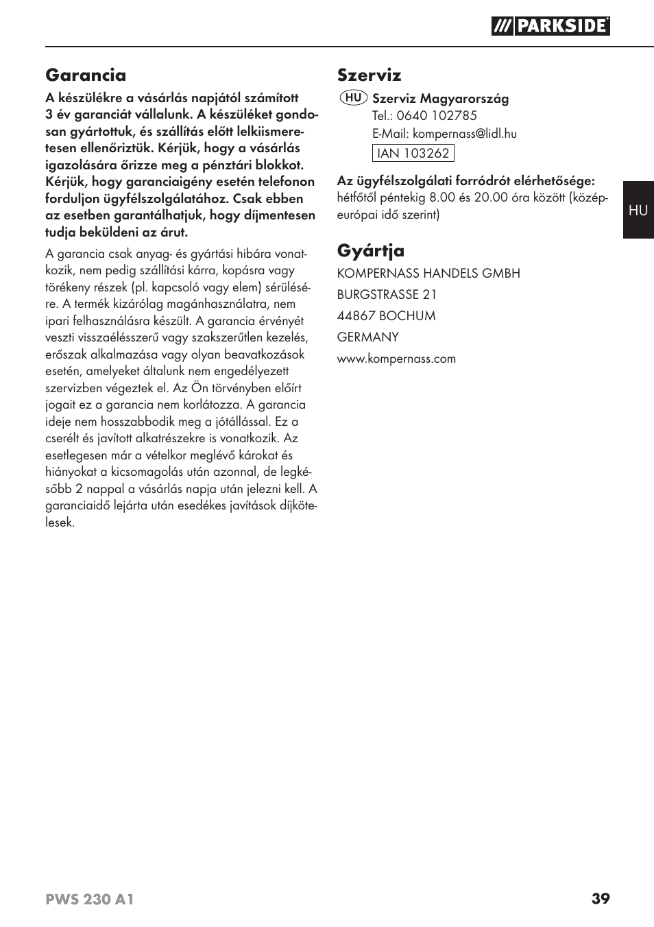 Garancia, Szerviz, Gyártja | Parkside PWS 230 A1 User Manual | Page 43 / 101