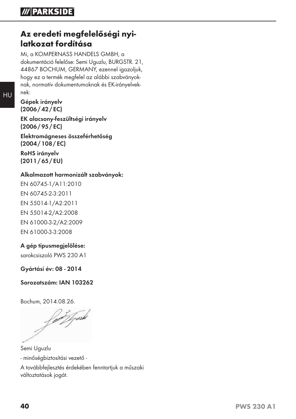 Az eredeti megfelelőségi nyi- latkozat fordítása | Parkside PWS 230 A1 User Manual | Page 44 / 101