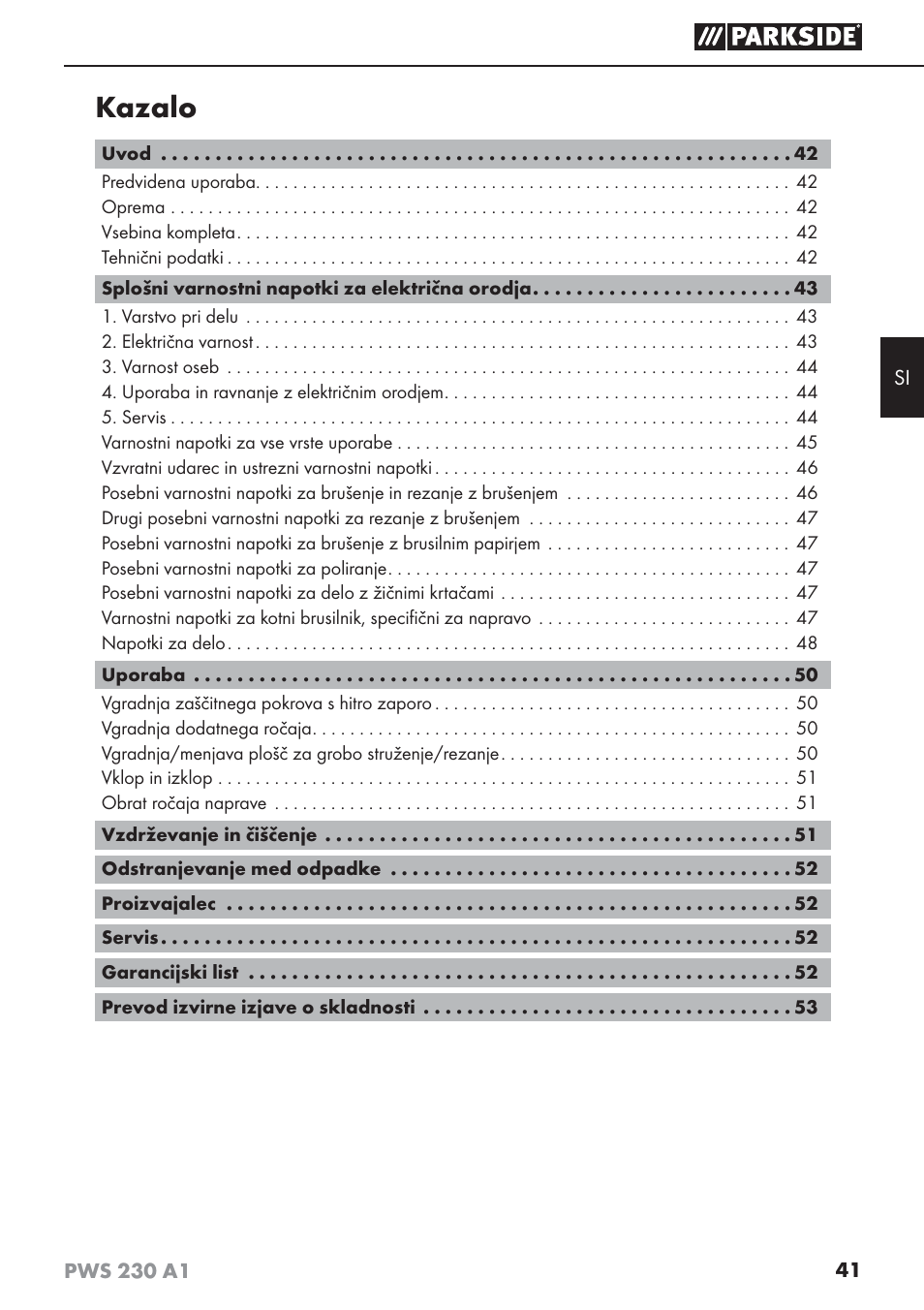 Kazalo | Parkside PWS 230 A1 User Manual | Page 45 / 101