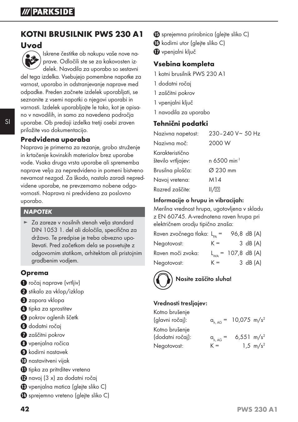 Kotni brusilnik pws 230 a1 uvod | Parkside PWS 230 A1 User Manual | Page 46 / 101