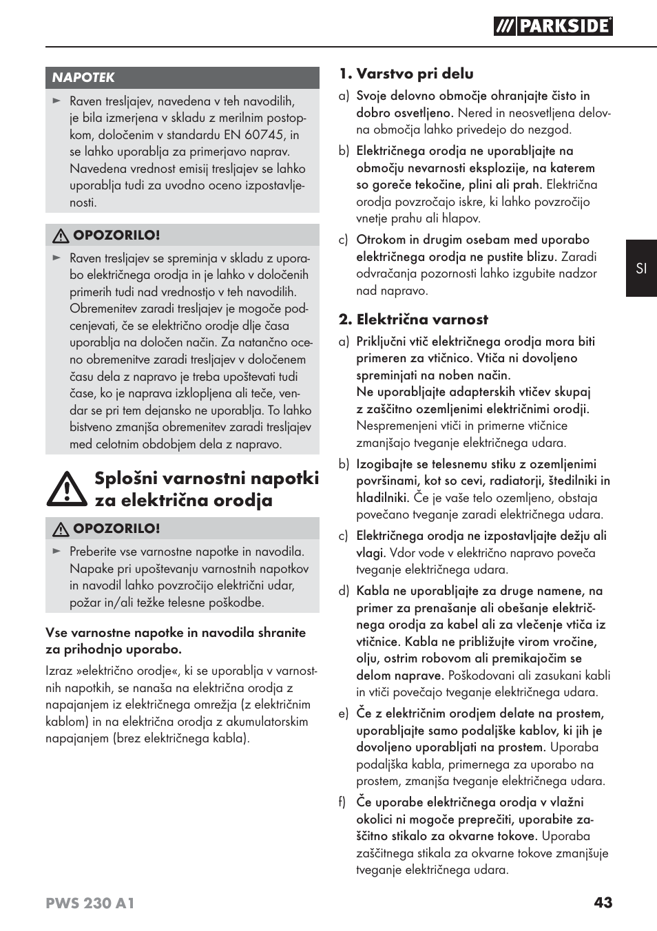 Splošni varnostni napotki za električna orodja | Parkside PWS 230 A1 User Manual | Page 47 / 101
