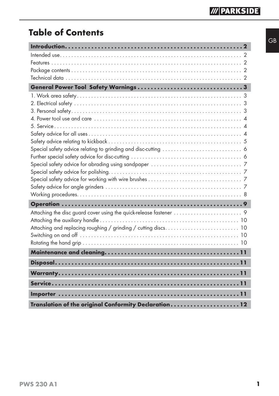 Parkside PWS 230 A1 User Manual | Page 5 / 101