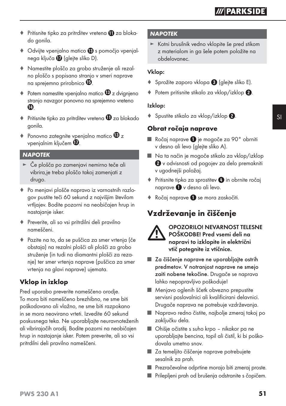 Vzdrževanje in čiščenje | Parkside PWS 230 A1 User Manual | Page 55 / 101