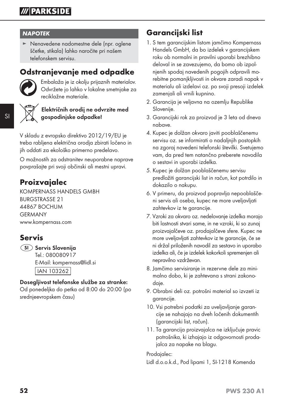 Odstranjevanje med odpadke, Proizvajalec, Servis | Garancijski list | Parkside PWS 230 A1 User Manual | Page 56 / 101