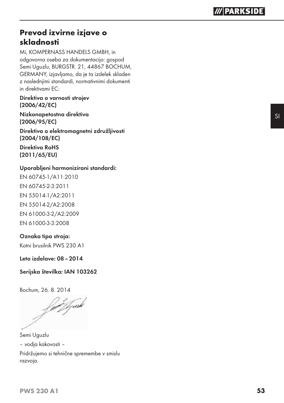 Prevod izvirne izjave o skladnosti | Parkside PWS 230 A1 User Manual | Page 57 / 101