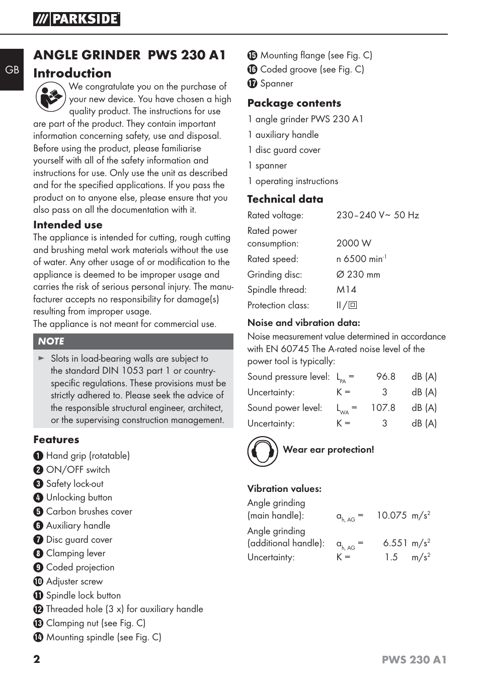 Angle grinder pws 230 a1 introduction | Parkside PWS 230 A1 User Manual | Page 6 / 101