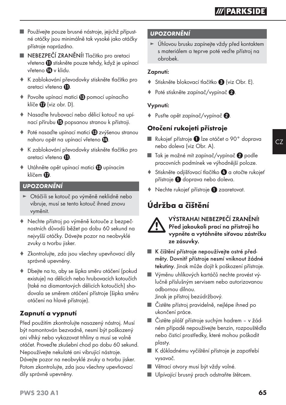 Údržba a čištění | Parkside PWS 230 A1 User Manual | Page 69 / 101