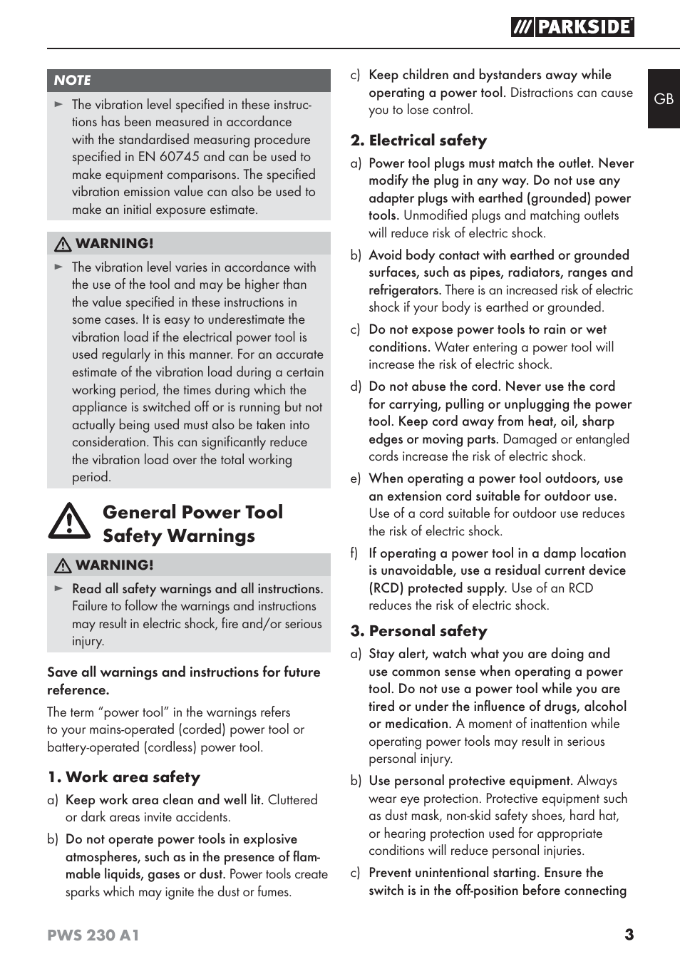 General power tool safety warnings | Parkside PWS 230 A1 User Manual | Page 7 / 101