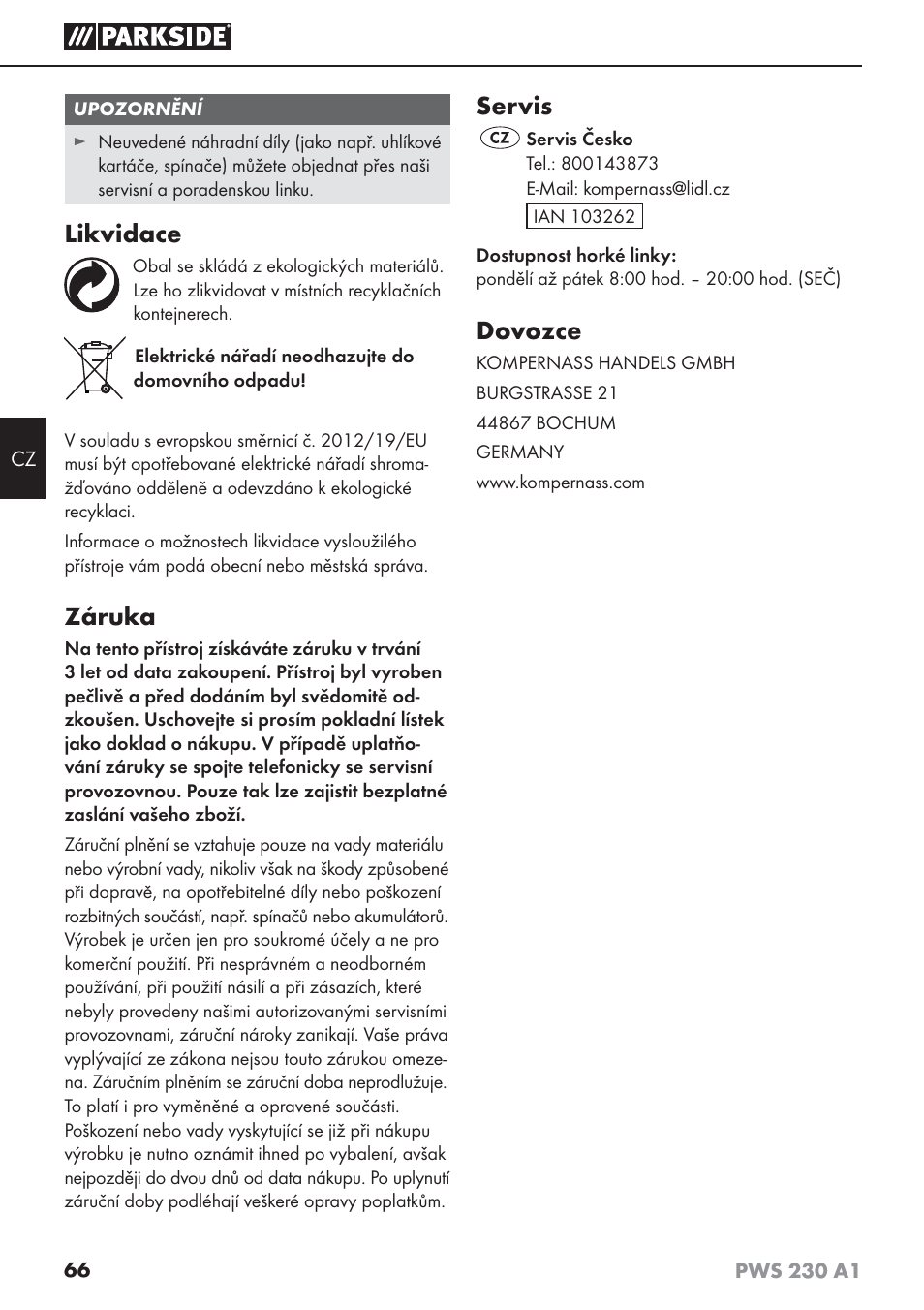 Likvidace, Záruka, Servis | Dovozce | Parkside PWS 230 A1 User Manual | Page 70 / 101