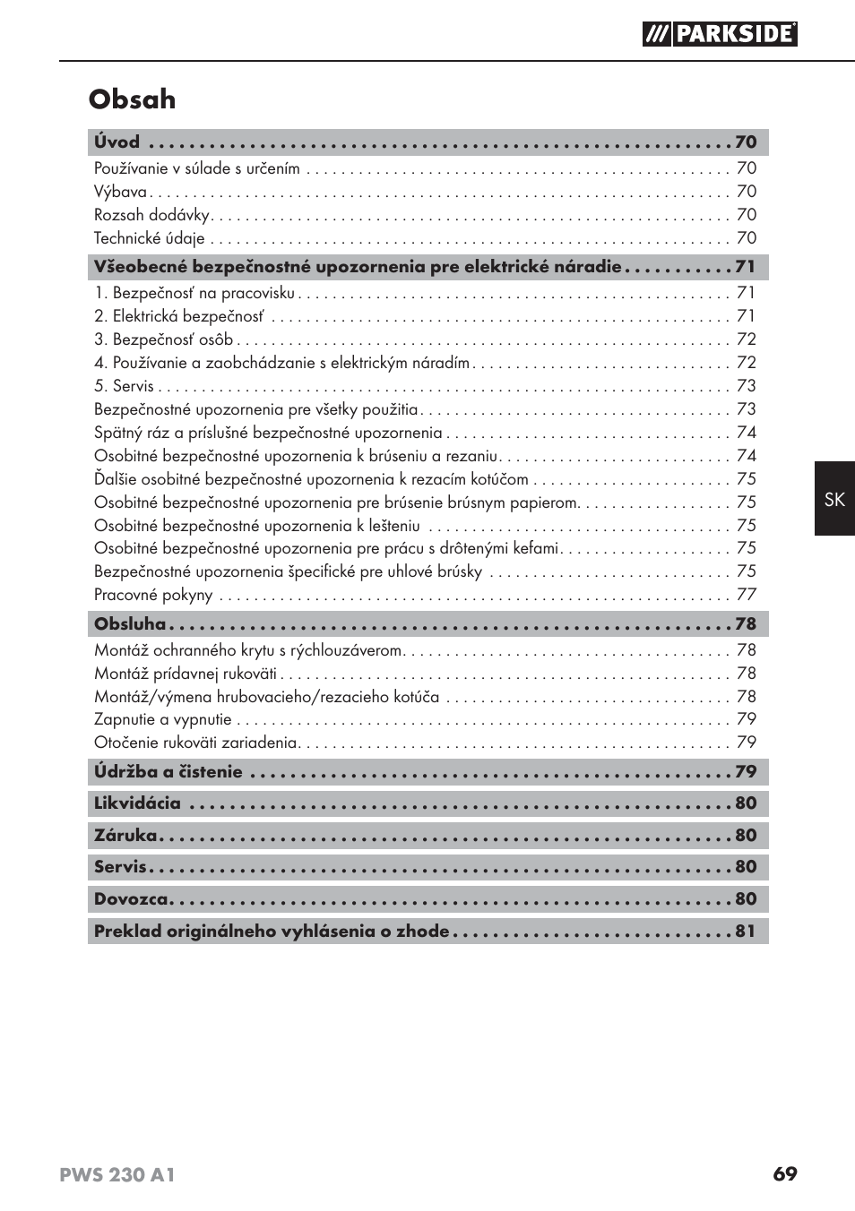 Parkside PWS 230 A1 User Manual | Page 73 / 101