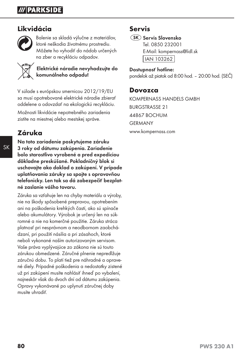 Likvidácia, Záruka, Servis | Dovozca | Parkside PWS 230 A1 User Manual | Page 84 / 101