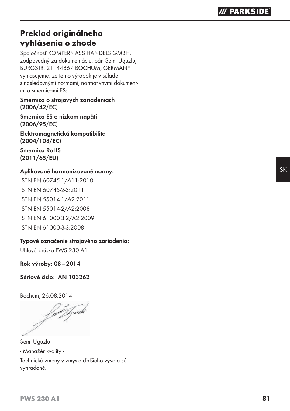 Preklad originálneho vyhlásenia o zhode | Parkside PWS 230 A1 User Manual | Page 85 / 101